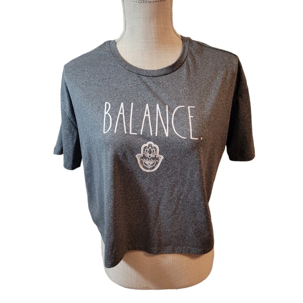 Rae Dunn Grey Balance Namaste Crop Short Sleeve Tee Size M